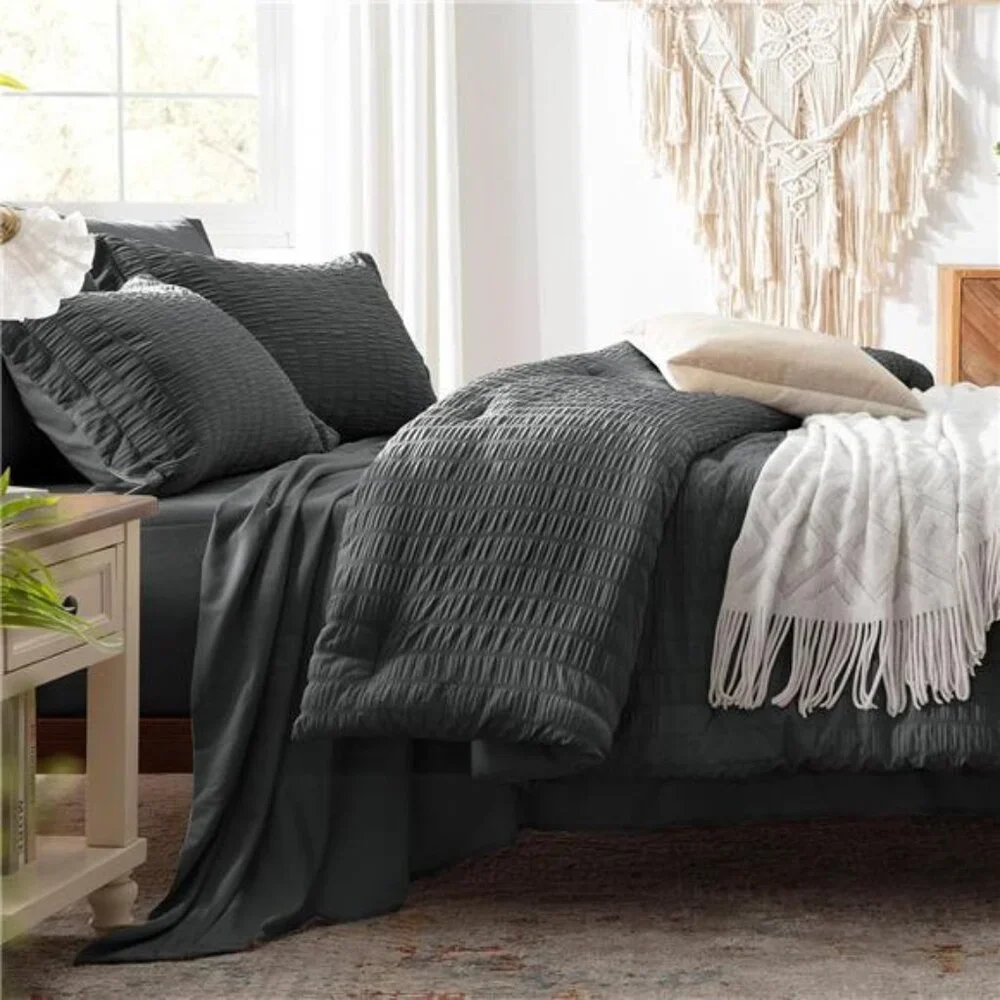 New Full Comforter Set 7 Pieces, Dark Grey Seersucker Bed in a Bag